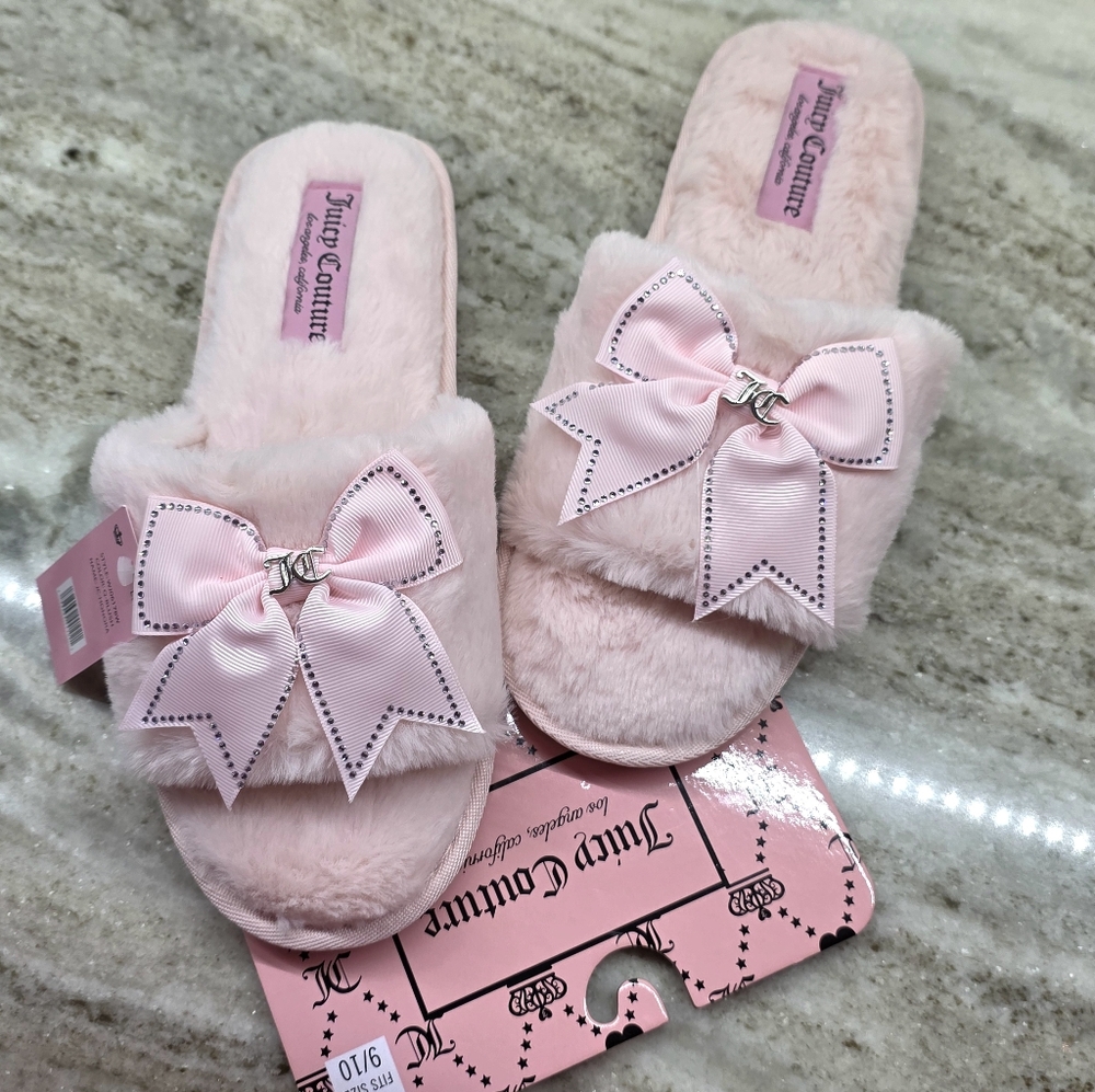 Juicy Couture | Open Toe Fuzzy Slippers with Ribbon, Large 9-10